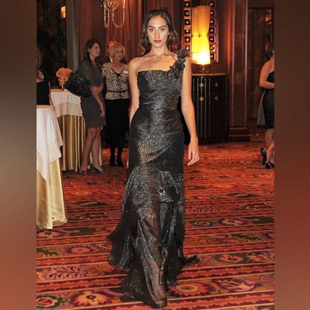●$6,000 OSCAR DE LA RENTA PICASSO SILK DARK SILVER WAVE DRESS GOWN US 12